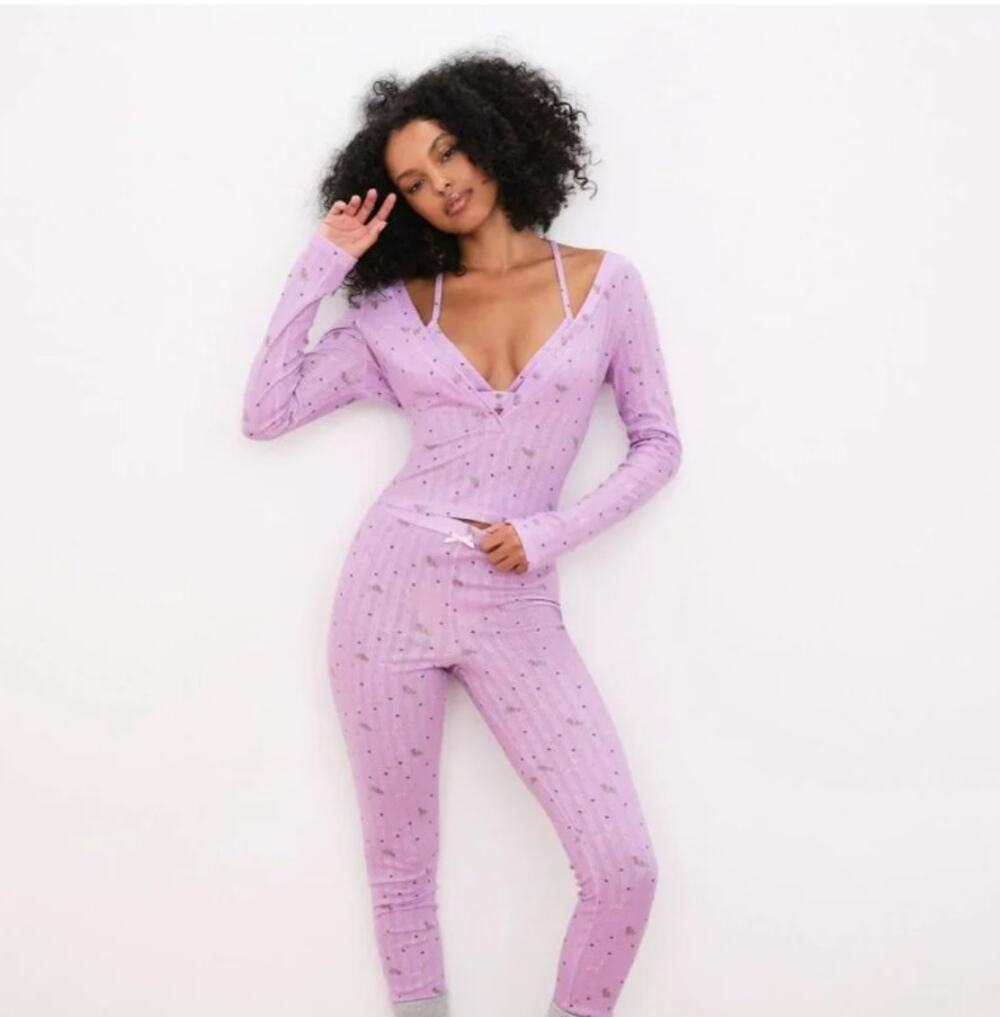 For Love & Lemons Pointelle Pajama Set Womens L Pink Floral Long Sleeve Lounge